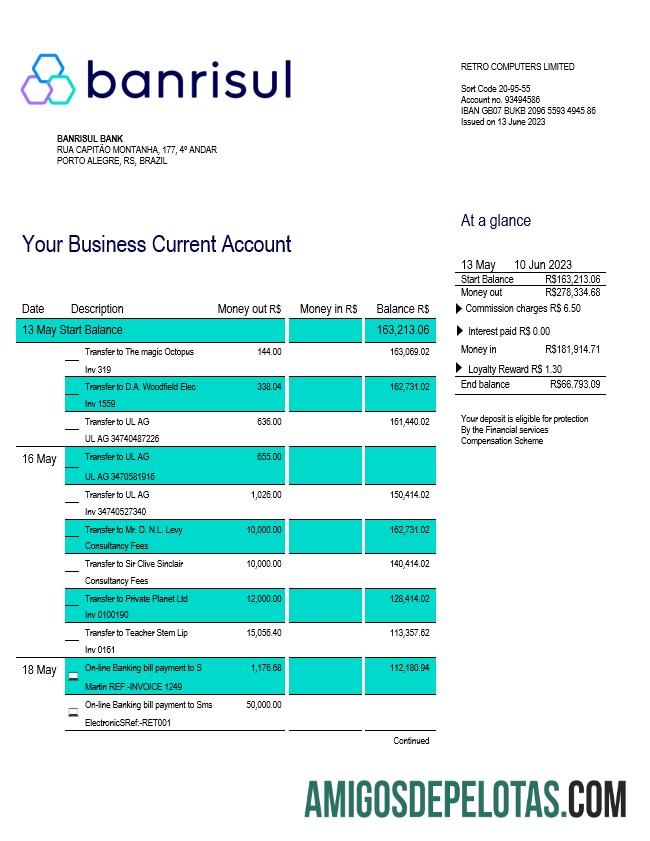 Realista Banrisul Bank Statement Modelo Word e PDF